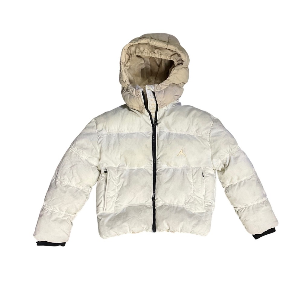 Jordan Kids Puffer Jacket Off-White Cream Hooded‎ Fleece Lined Size S 8-10 YRS